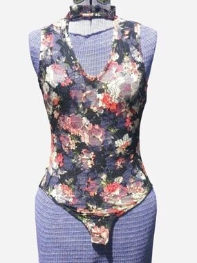 Rebel Sugar Black Lace Bodysuit with Red Floral Accents